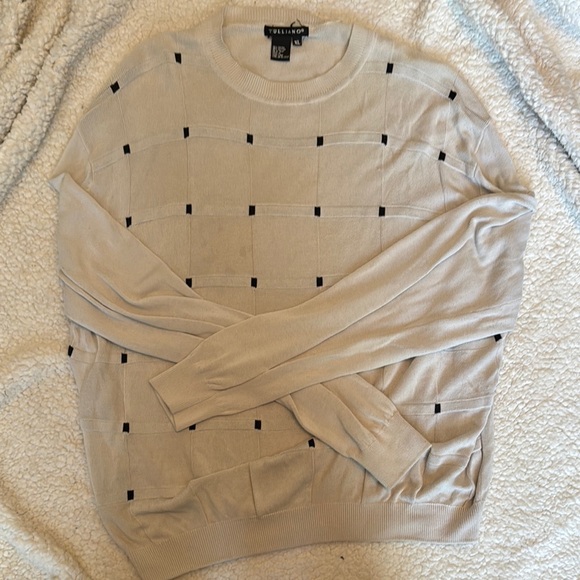 Elegant Tan and Black Crewneck Sweater with Polka Dots - Picture 1 of 2